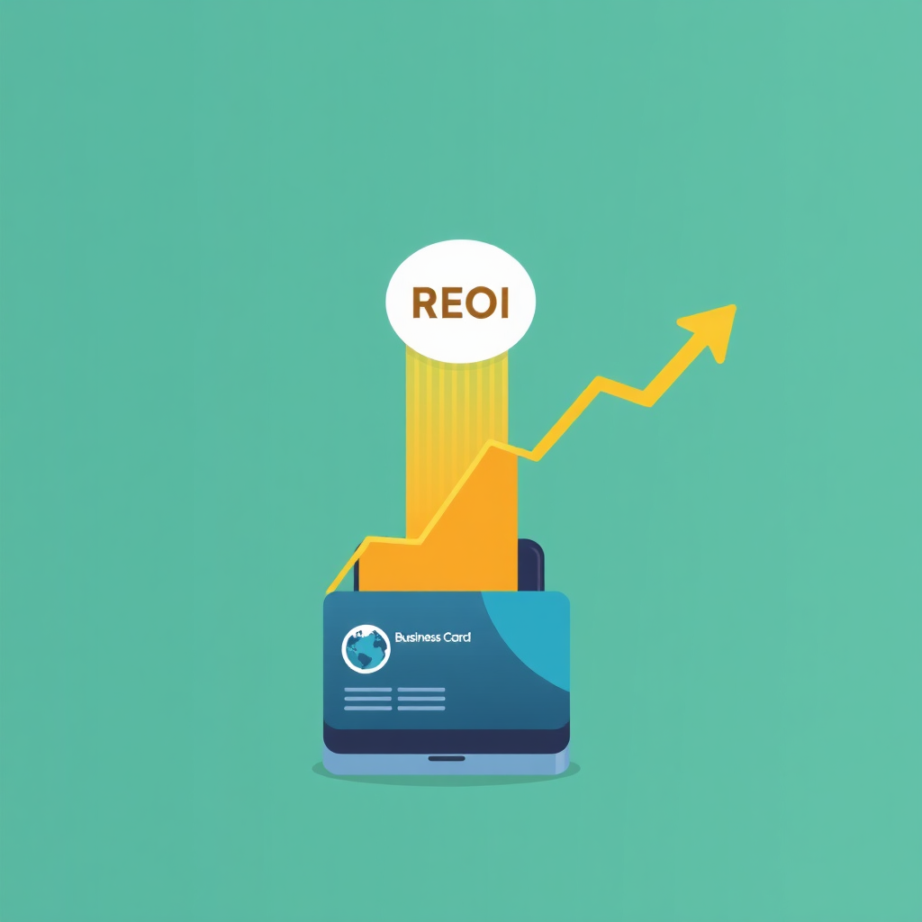 Create a stylized image depicting a rising graph emanating from a mobile business card, symbolizing the measurable ROI. The background should be a gradient of greens and blues, representing growth and profitability.