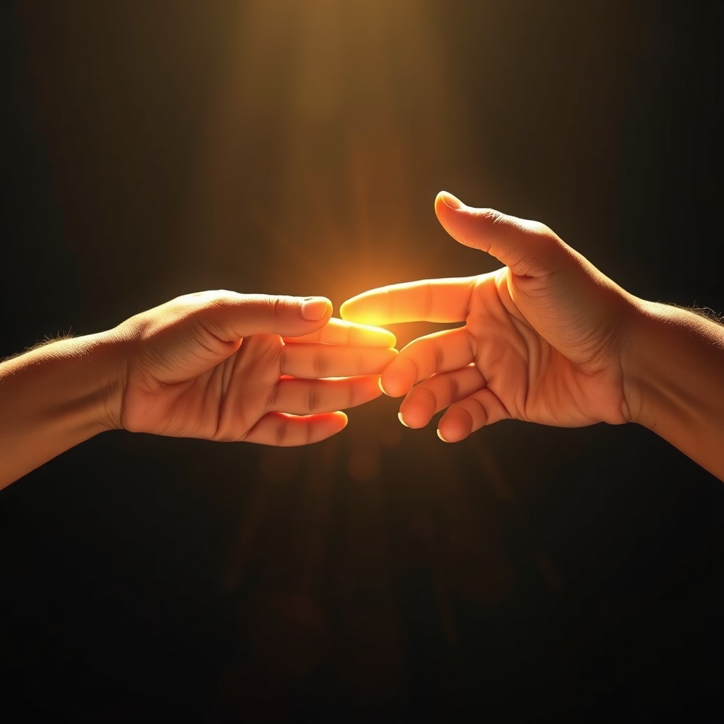 Create a stylized image depicting two hands reaching out to each other, bathed in golden light, against a dark background. The hands should appear weathered and worn, symbolizing past hurts, but now extending forgiveness. The color palette should be warm and hopeful. A close-up shot emphasizing the connection between the hands. Technical specs: 4K resolution, high quality, with a painterly effect.