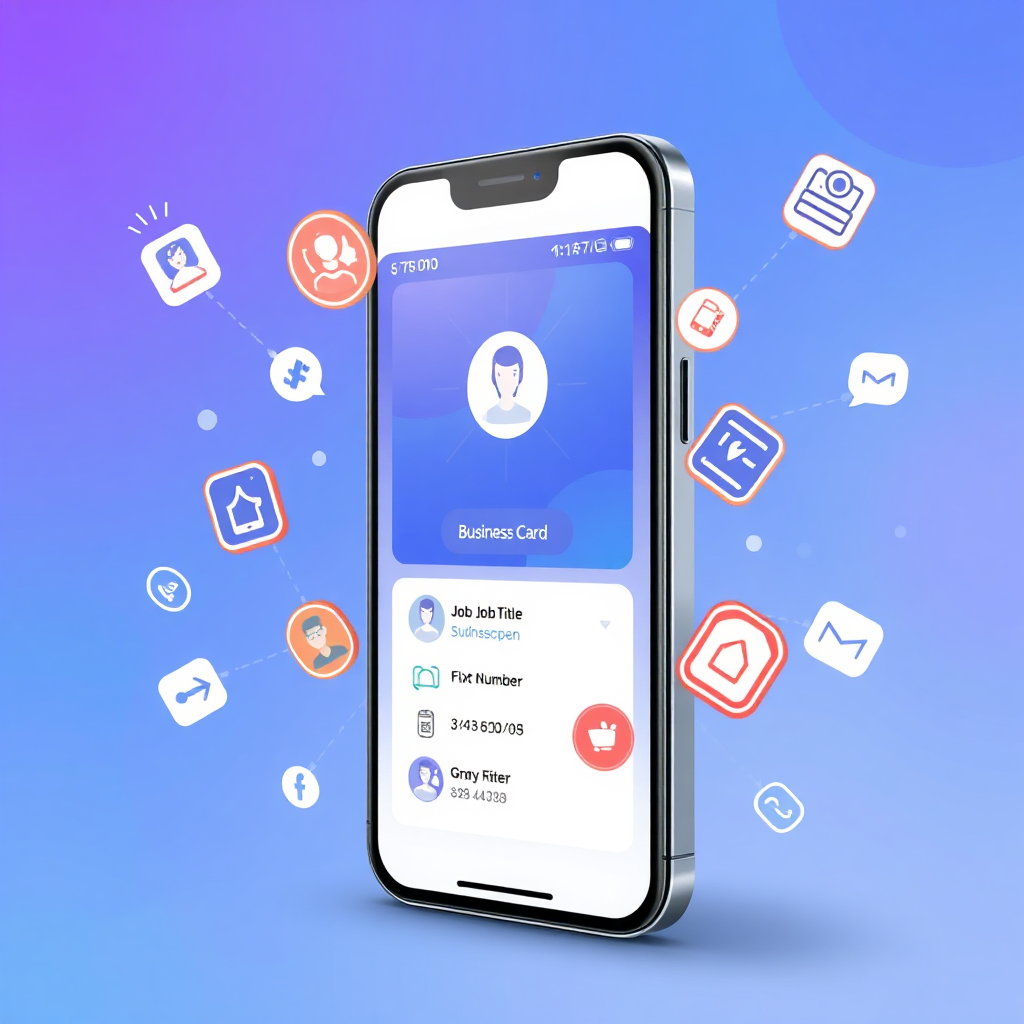 Create a stylized image depicting a mobile phone displaying a business card with a dynamic interface. Animated icons representing profile updates (like job title, phone number, email address) are swirling around the phone, indicating instant changes. The background should be a gradient of blues and purples, symbolizing connectivity. Style reference: Modern UI/UX design visualizations.