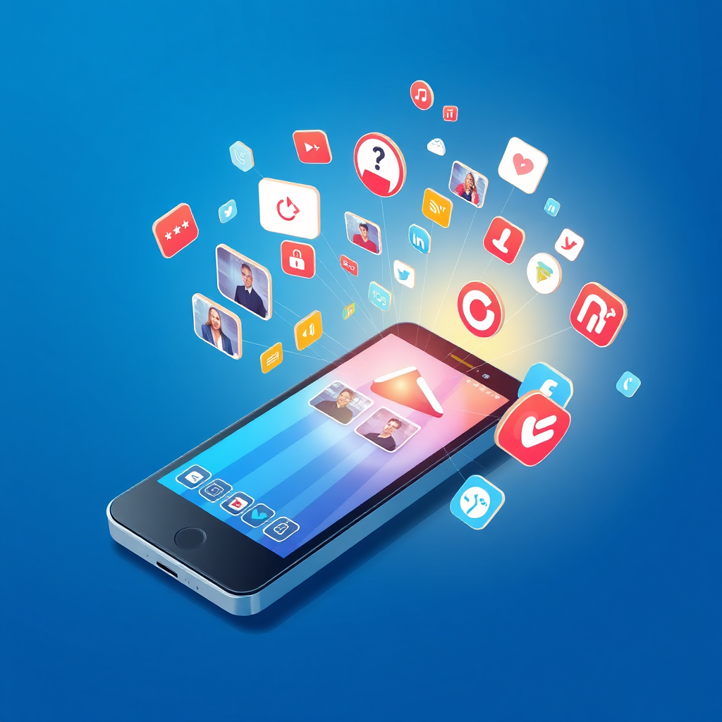 Create a stylized image of a mobile business card transforming into a multimedia hub. Videos, presentations, and social media icons are emanating from the card, creating an immersive brand experience. The background is a clean, corporate blue.