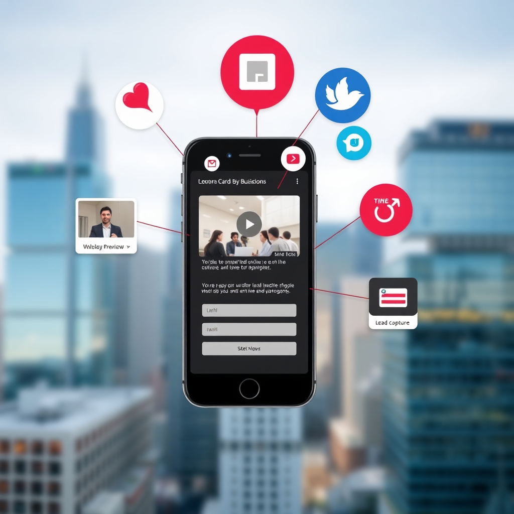 Create a stylized image showing a mobile business card with interactive elements popping out of the screen, including video previews, social media icons, and a lead capture form. The background is a blurred corporate cityscape.
