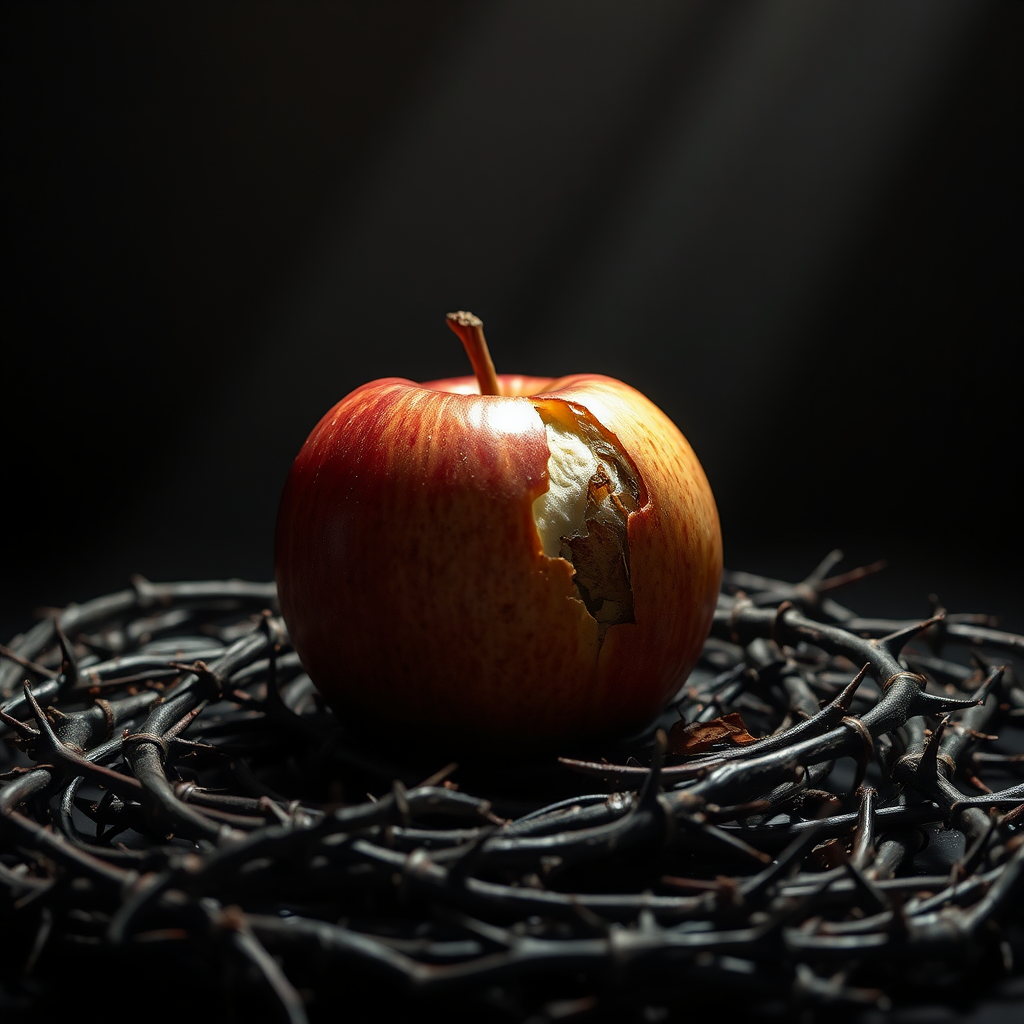 Create a symbolic and slightly abstract photorealistic image representing the doctrine of original sin. Imagine a single, perfect apple, partially decayed and bruised. The apple is resting on a bed of thorns, symbolizing the pain and suffering associated with sin. A single ray of light shines down on the apple, representing the hope of redemption. The color palette should be dark and somber, with deep reds, browns, and blacks dominating the scene. Focus on the texture of the apple skin, the thorns, and the play of light and shadow. The camera angle should be a close-up shot, emphasizing the details of the apple and its surroundings. Consider referencing the style of still life paintings. Render in 8K resolution for hyperrealistic detail.