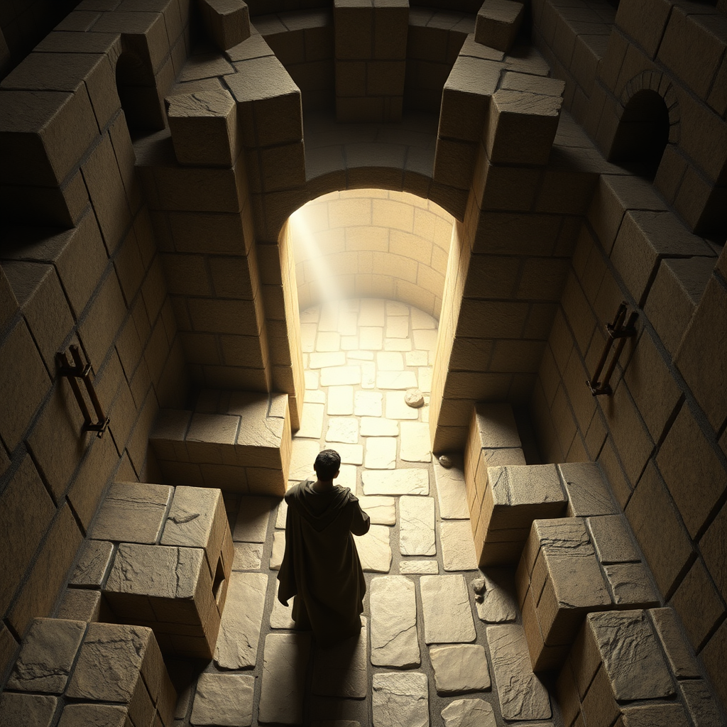 Create a visually compelling image that represents the complex relationship between predestination and free will in Augustine's theology. Imagine a labyrinthine path, with two figures standing at the entrance. One figure is being guided by a beam of light, representing predestination, while the other is choosing their own path, representing free will. The labyrinth is filled with obstacles and challenges, symbolizing the difficulties of life. The color palette should be muted and earthy, with subtle contrasts between light and shadow. Focus on the texture of the stone path, the light, and the figures' clothing. The camera angle should be a slightly overhead shot, emphasizing the complexity of the labyrinth. Render in 8K resolution for crisp detail and a sense of mystery.