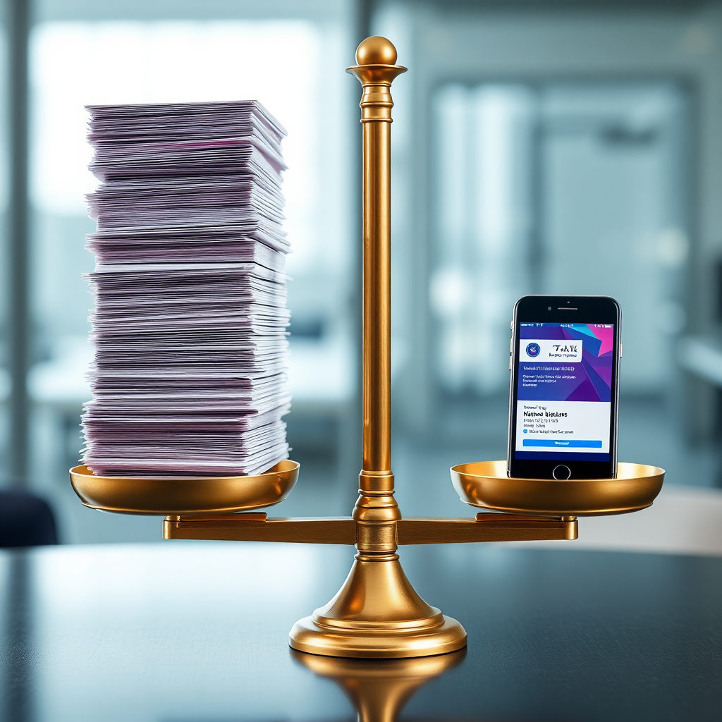 Create an image showing a balanced scale, where one side contains a massive stack of paper business cards weighed down. The other side shows a single smartphone with a mobile business card, visually representing the cost savings. The background should be a neutral, corporate environment.