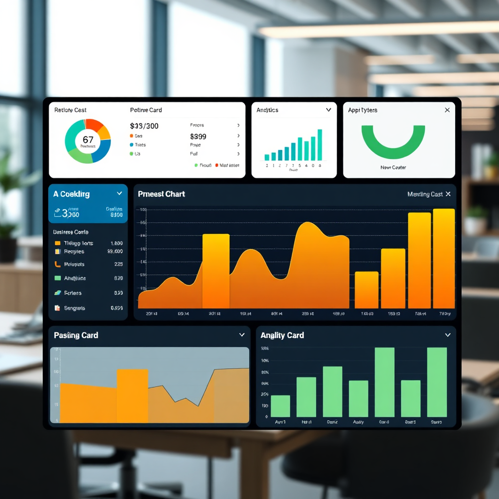 Create an image showing a dashboard displaying various charts and graphs related to mobile business card analytics. The data is presented in a visually appealing and easy-to-understand format. The background is a modern office setup.