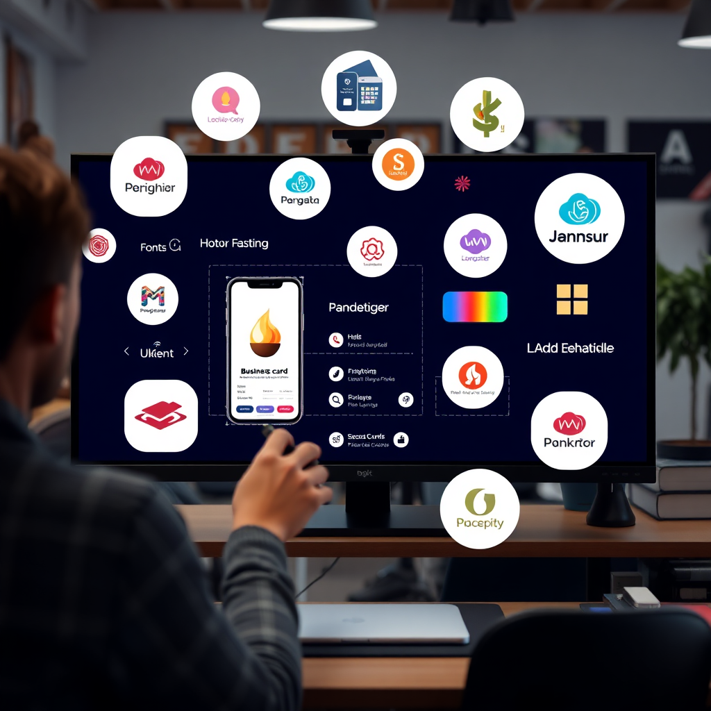Create an image showing a designer working on a mobile business card interface on a large monitor, with various design elements (logos, color palettes, fonts) surrounding the screen. The background should be a creative office environment.