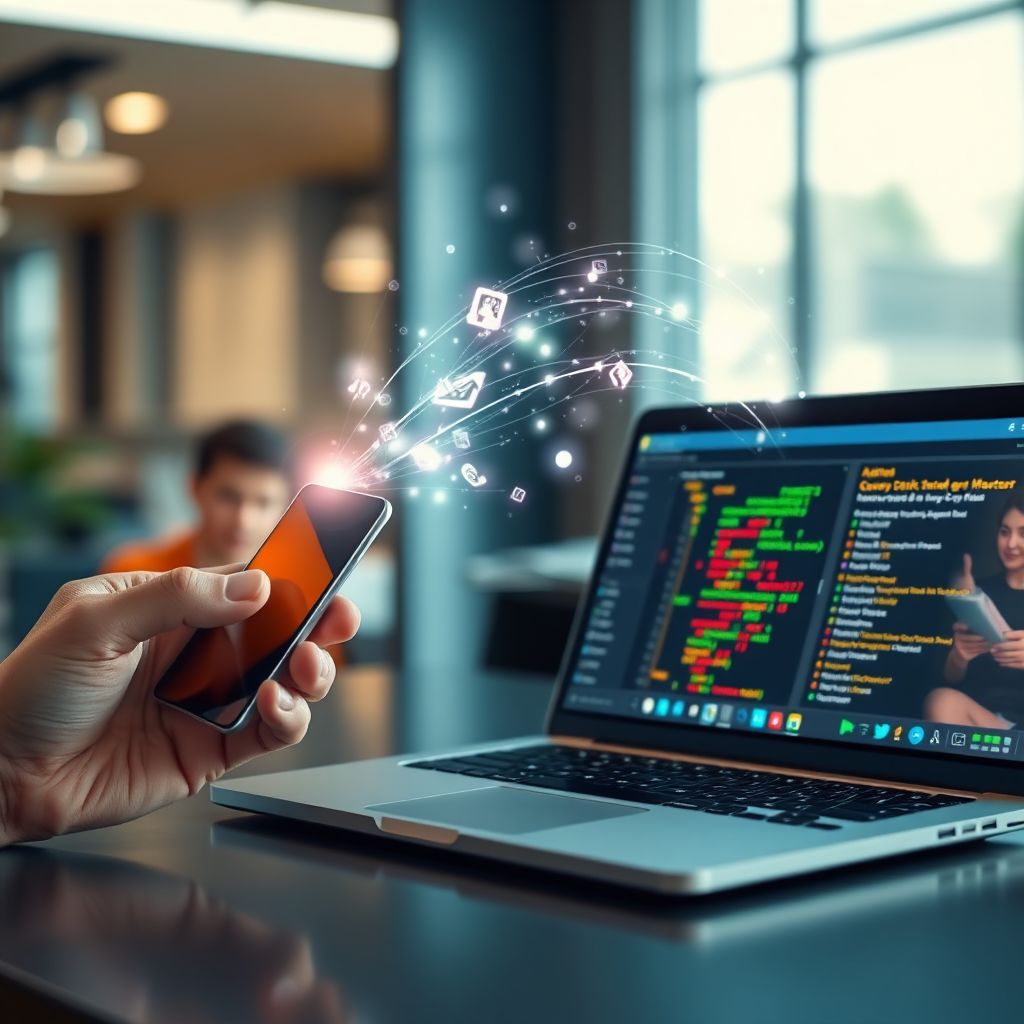 Create an image that visualizes data flowing from a mobile business card into a CRM system displayed on a laptop. The data is represented as bright streams of light, highlighting the smooth integration. The background is a blurred office environment.