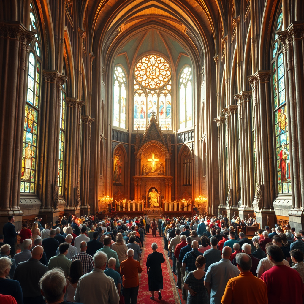 Imagine a photorealistic image representing the Church as envisioned by St. Augustine. Picture a grand cathedral, its stained-glass windows radiating a warm, inviting light. Inside, people from all walks of life are gathered in prayer, united by their faith. The cathedral is surrounded by a protective wall, symbolizing the Church's role as a refuge from the world. The color palette should be warm and inviting, with golds, reds, and blues dominating the scene. Focus on the texture of the stone, the stained glass, and the people's clothing. The camera angle should be a wide, panoramic view, emphasizing the scale and grandeur of the cathedral. Render in 8K resolution for hyperrealistic detail and a sense of community.
