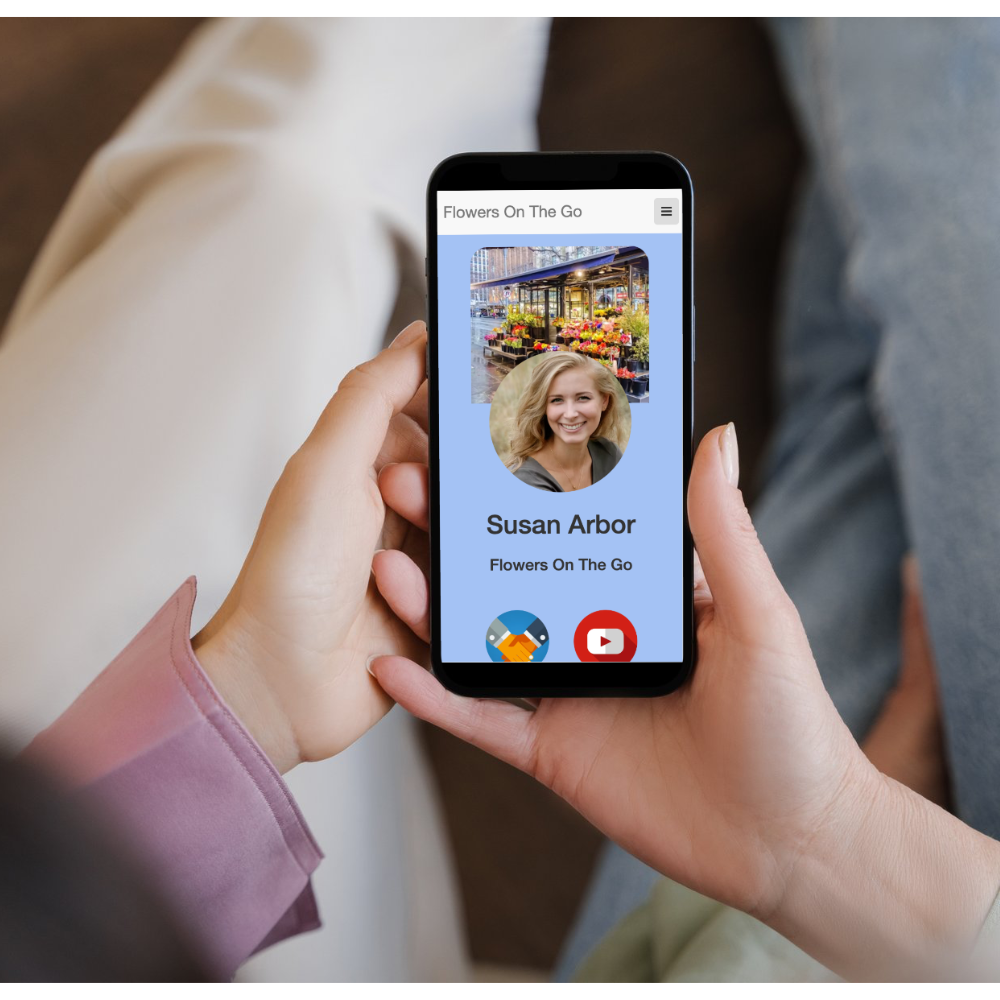 A hand quickly tapping a mobile business card icon on a smartphone home screen, instantly opening a detailed contact card with links to social media, website, and other relevant information. The color palette is vibrant and energetic.