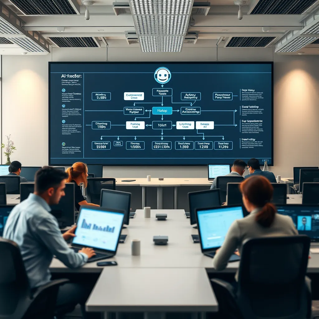 A busy office with employees working efficiently at their desks. In the background, a large screen displays a flowchart of automated processes powered by an AI chatbot. The chatbot is represented by a sleek, modern interface with data visualizations and a friendly, animated face.