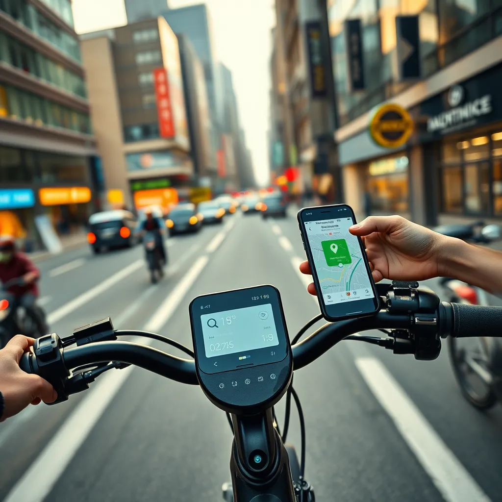 A captivating image showcasing the smart features of an electric bicycle. The image should depict a rider navigating a busy city street, with a clear view of the bike's integrated digital display. The display should show a map with their current location, a battery level indicator, and other relevant information.  The image should also highlight the rider using the bike's app on their smartphone, accessing real-time navigation, bike diagnostics, and other smart features. The lighting should be natural and vibrant, capturing the energy of the city. The image should be composed from a dynamic angle, emphasizing the bike's sleek design and advanced technology. The background should be a bustling cityscape, with a focus on the vibrant energy of the urban environment. The image should be rendered in 8K resolution, showcasing the intricate details of the bike's smart technology and its integration with the rider's digital life. This image should be inspired by the style of lifestyle photography, capturing a sense of modern city living and the convenience of smart technology.