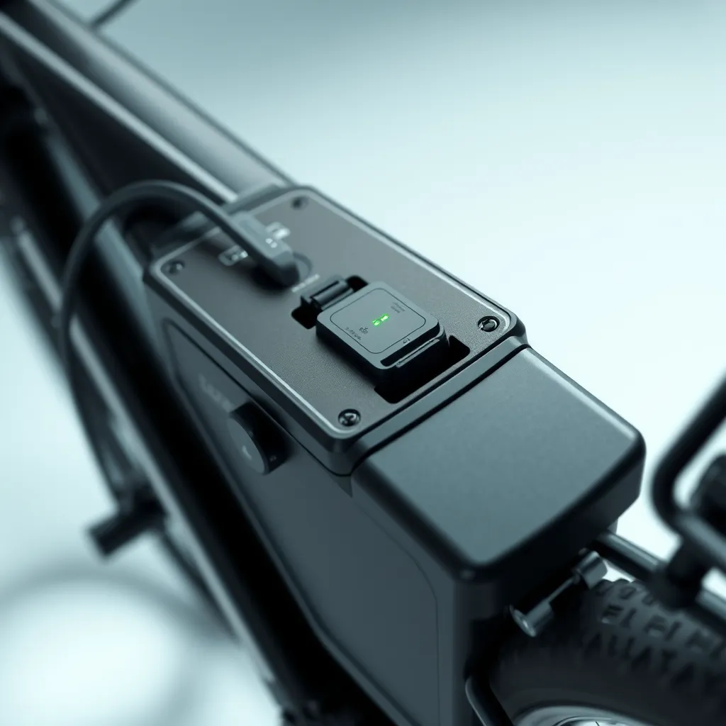 A close-up, hyperrealistic image showcasing the innovative battery technology of an electric bicycle. The image focuses on the battery pack integrated into the bike's frame, with a sleek, modern design. The battery should be depicted in a charging station, with charging cables plugged in. The image should emphasize the details of the battery's construction, including its high-quality materials and advanced components. The lighting should be dramatic and focused, highlighting the battery's sleek design and functionality. The background should be a clean, minimalist setting, allowing the battery to take center stage. The image should be rendered in 8K resolution, showcasing the intricate details of the battery's technology and construction. This image should be inspired by the style of product photography, with sharp lines and a focus on showcasing the technical features of the battery.