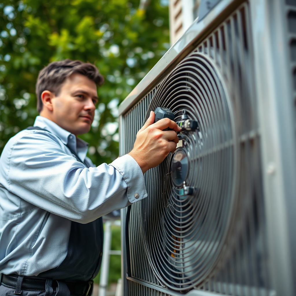 HVAC technician inspecting an outdoor unit