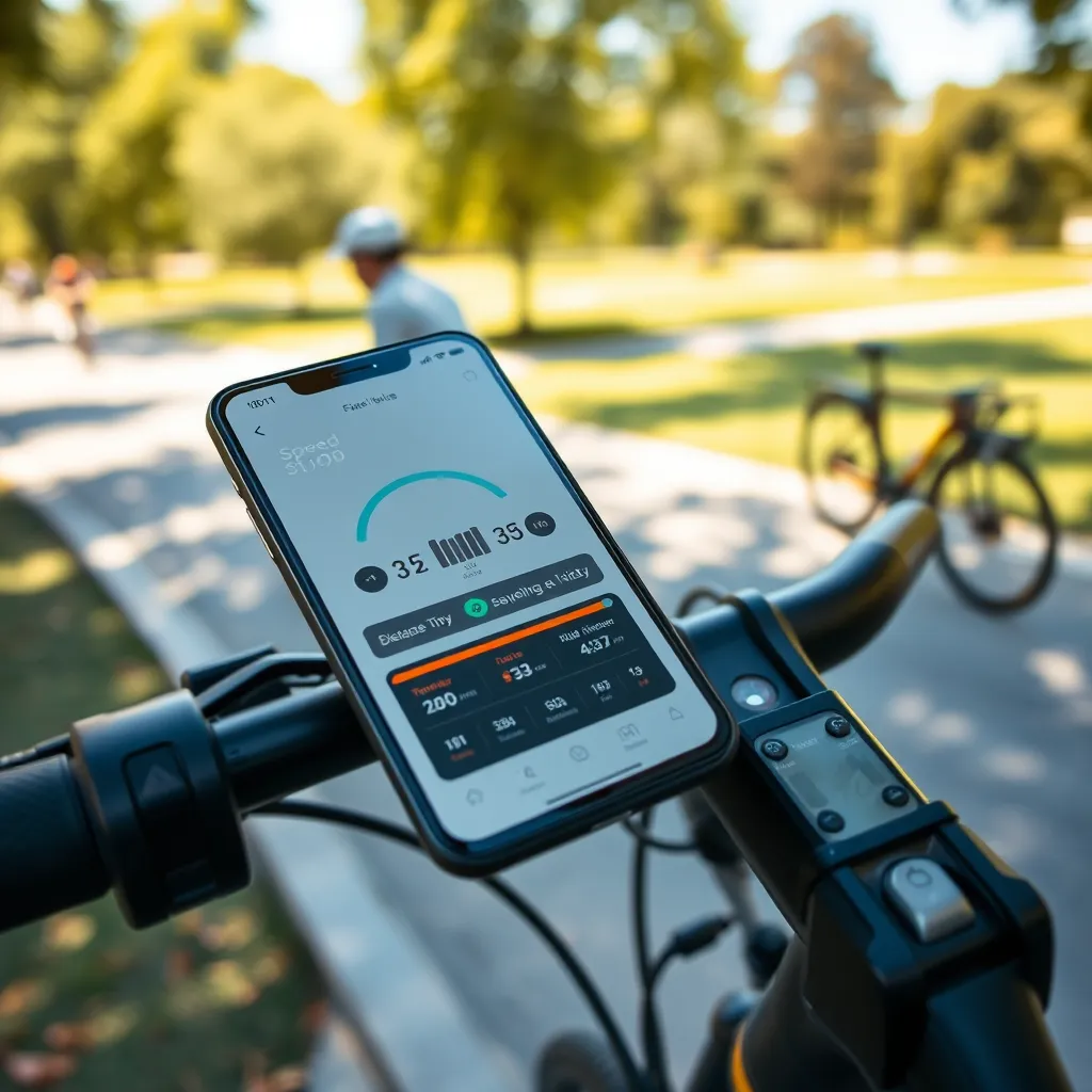 A close-up shot of a smartphone displaying an app interface connected to an electric bike. The app shows various data like speed, battery level, and ride history. The background should showcase a cyclist riding the e-bike on a sunny day in a park, illustrating the user interaction and connectivity.