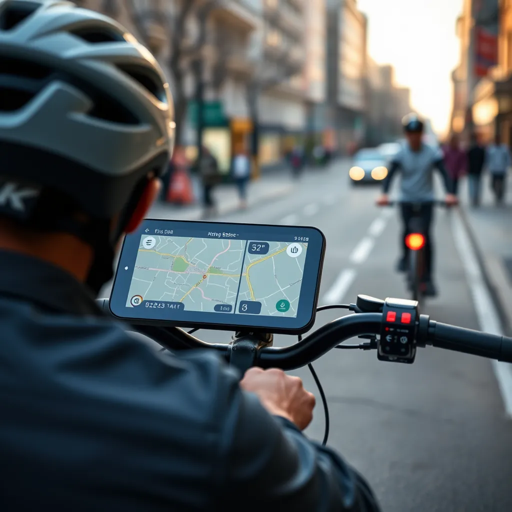 A close-up shot of an electric bicycle display showing a map with a route highlighted. The rider is wearing a helmet and using the handlebar controls. The background should be a blurred city street with other cyclists and pedestrians.