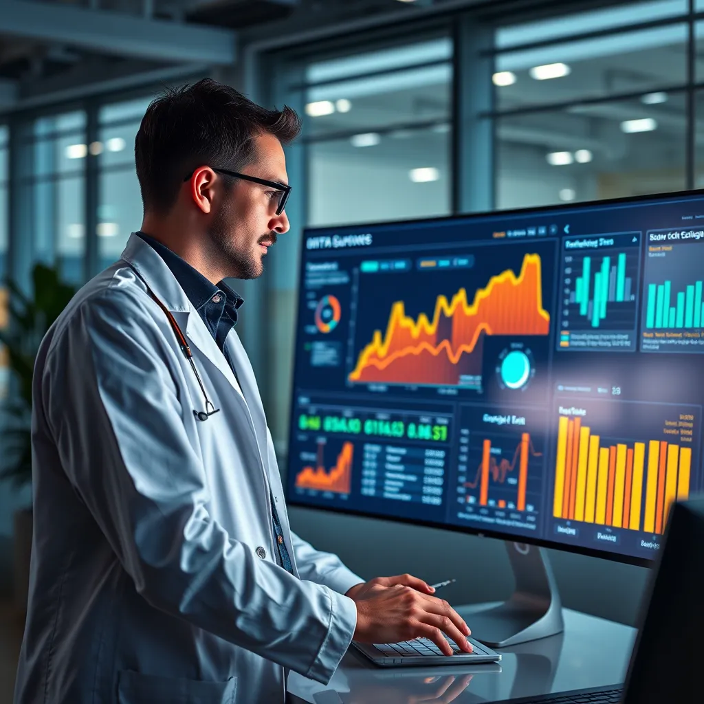 A data scientist in a modern office setting, analyzing data on a large screen. The data visualization shows customer interactions with an AI chatbot, highlighting trends and patterns. The data scientist is using the insights to make strategic decisions and improve business outcomes.