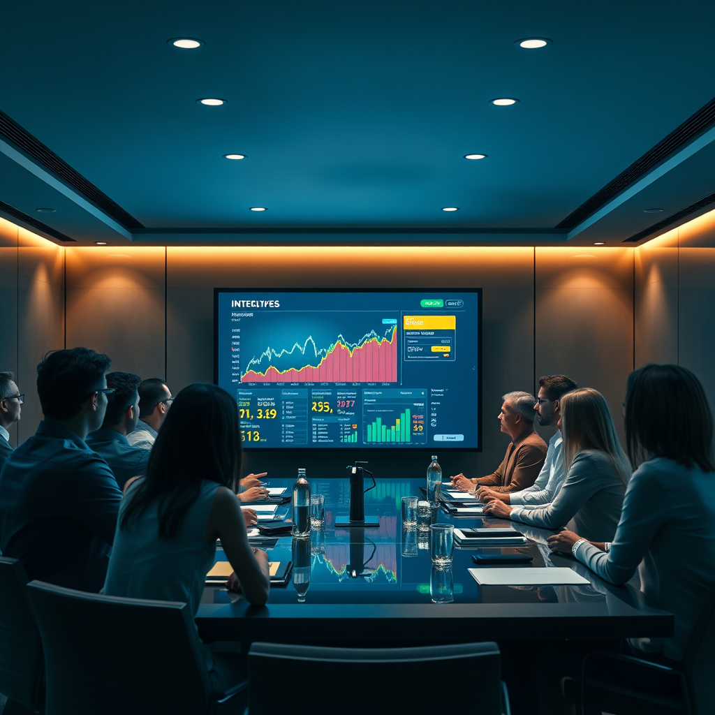 Team collaborating on financial data in a boardroom