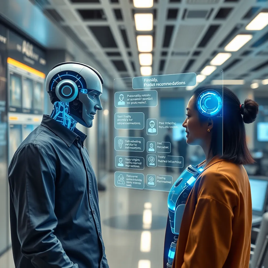 A futuristic office setting with a customer interacting with a friendly, holographic AI chatbot. The chatbot is displaying personalized product recommendations and answering questions in a helpful manner. The background should have a sleek, modern design with glowing screens and data visualizations.