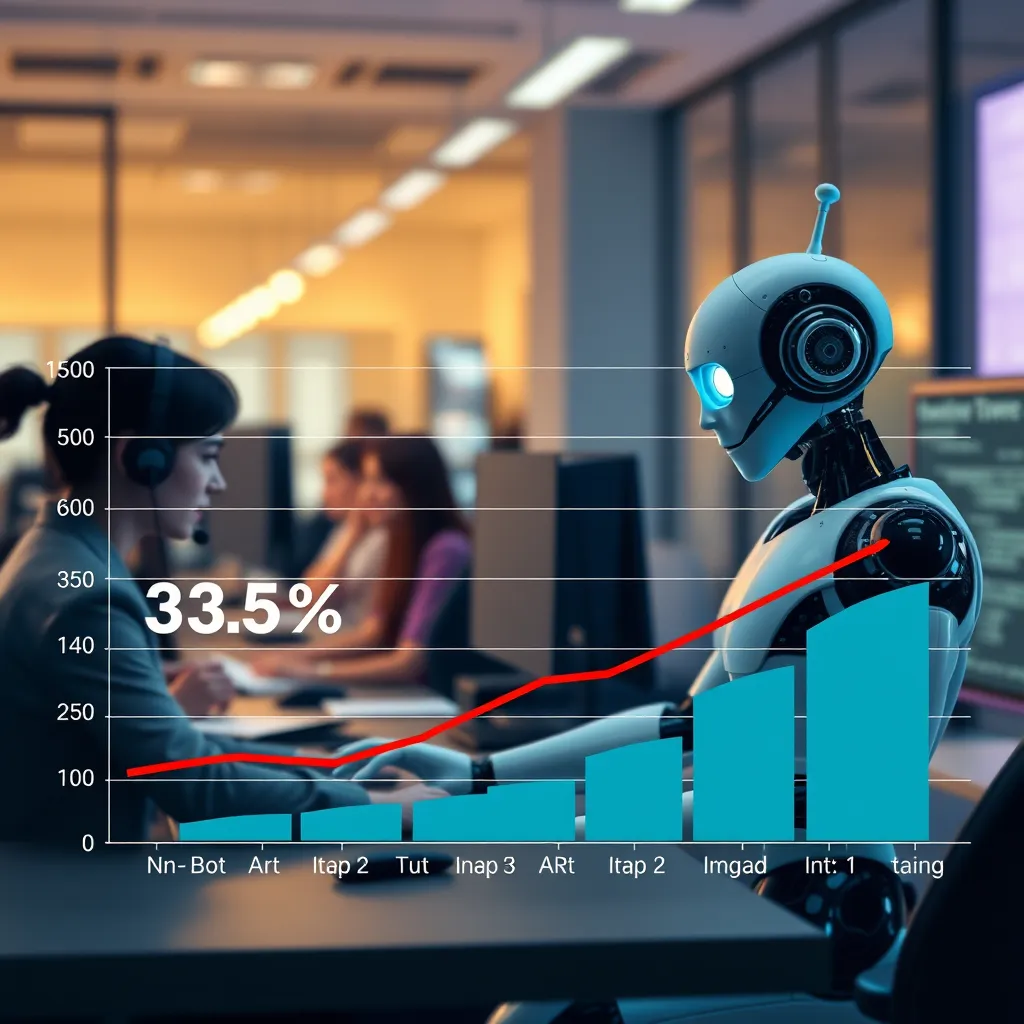 A graph showcasing a significant decrease in customer service wait times and response times, alongside an increase in customer satisfaction ratings. In the background, human customer service agents are seen working collaboratively on more complex tasks, while a chatbot handles simpler inquiries.
