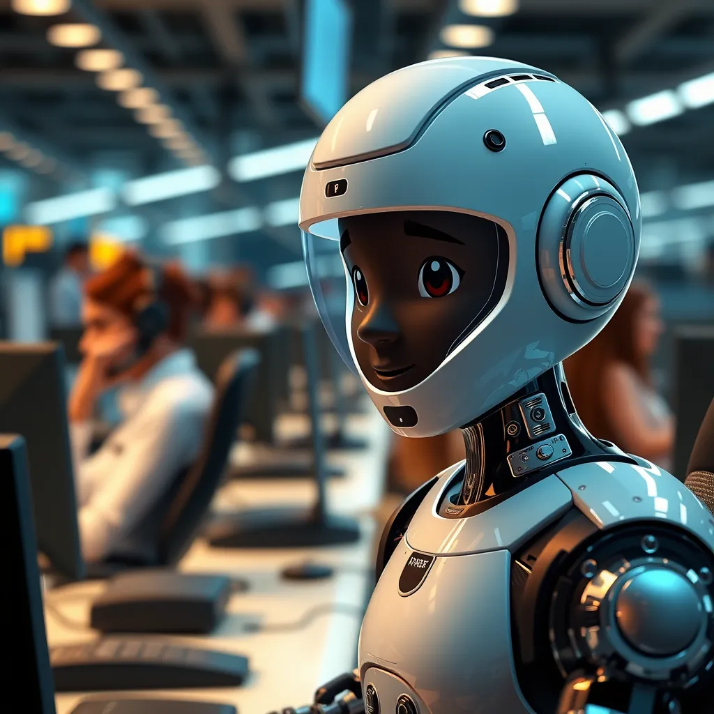 A modern, sleek chatbot interface with a friendly avatar, responding to a customer query in real-time. The background shows a busy customer service center with agents answering phone calls. The image should convey efficiency and quick response times.