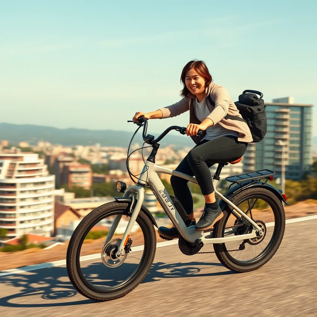 A person confidently riding an electric bicycle uphill, effortlessly gliding with a smile on their face. The background should be a picturesque city setting with modern architecture and a clear sky.
