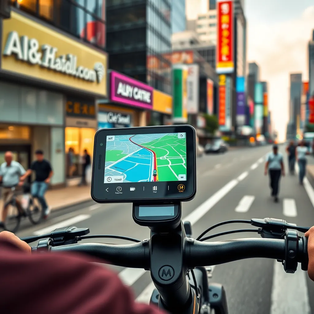 A person riding an electric bike with a GPS map displayed on a sleek digital screen, showcasing the route and navigation information. The background should depict a bustling cityscape with vibrant colors and clear signage, highlighting the urban environment.