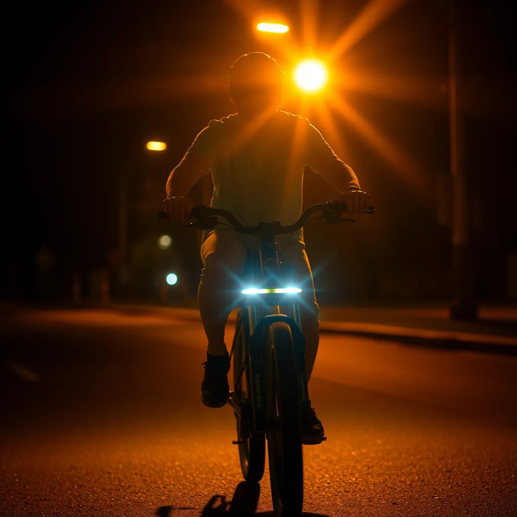 A person riding an electric bike at night, showcasing the bike's bright, automatic headlights illuminating the path. The background should be a dark street, emphasizing the importance of safety features like automatic lights and brake detection.