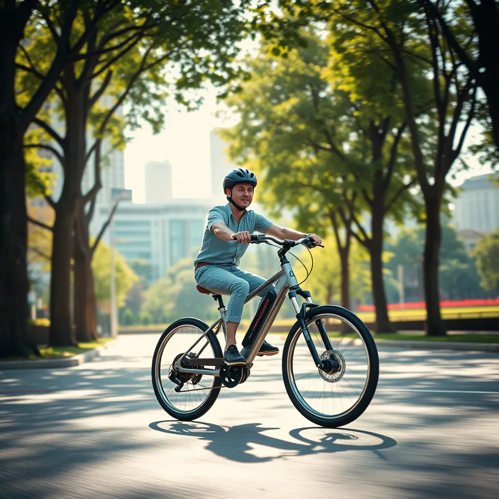 A photorealistic, ultra-high-quality image of a sleek, modern electric bicycle with a minimalist design, riding along a tree-lined city street. The rider is wearing a helmet and casual clothing, enjoying the fresh air and sunshine. The background features a cityscape with towering buildings and a vibrant park in the distance. The color palette is warm and inviting, with shades of green, blue, and beige.  The image should capture a sense of motion, with the bicycle effortlessly gliding through the city. Lighting should be natural and diffused, creating a soft glow on the scene. The image should be composed from a low angle, emphasizing the bicycle's speed and agility.  The scene should be rendered in 8K resolution with intricate details, including the bicycle's chrome accents, the textured pavement, and the lush foliage.  This image should be inspired by the style of contemporary photography.