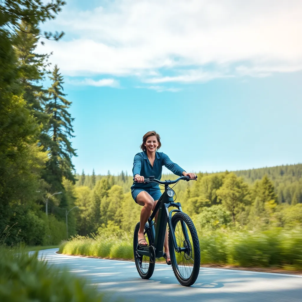 A photorealistic image of an electric bike rider cruising along a scenic bike path. The rider is smiling and enjoying the ride, with the background showing a lush green forest and a clear blue sky. The image should highlight the electric bike's sleek design and powerful battery.