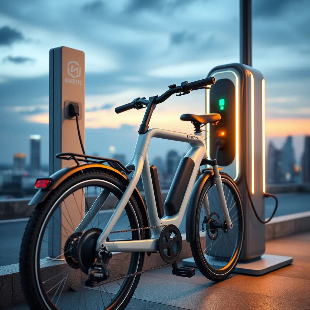 A photorealistic image of an electric bike plugged into a charging station. The image should showcase the bike's sleek design, and the charging station should be modern and efficient, emphasizing the convenience of fast charging. The background could be a cityscape, highlighting the bike's suitability for urban commuting.
