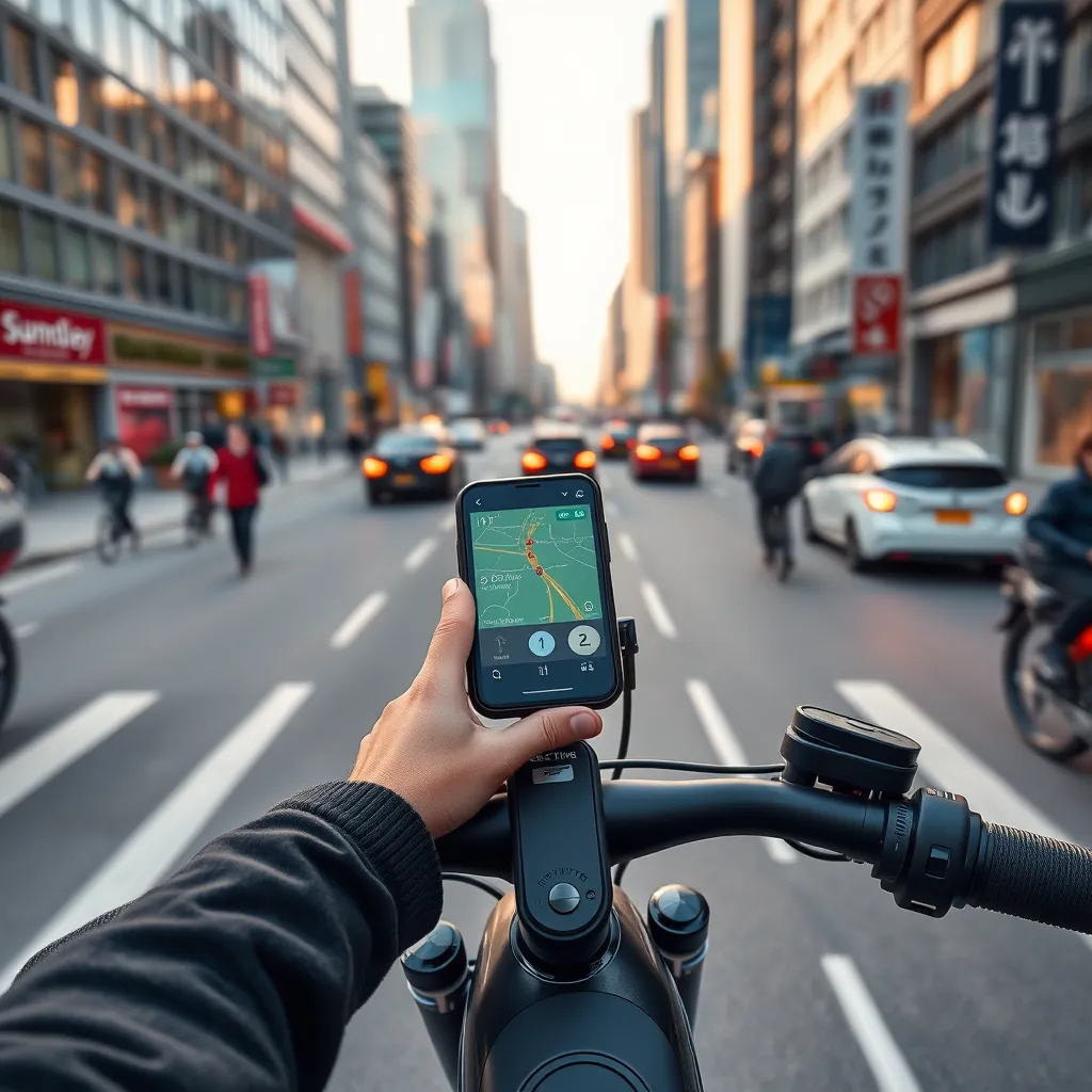 A photorealistic image of an electric bike rider navigating through a busy city street. The rider is using the bike's built-in GPS display to find their way, while the app interface shows real-time traffic information. The background should be a bustling cityscape, showcasing the bike's capability for navigating complex urban environments.