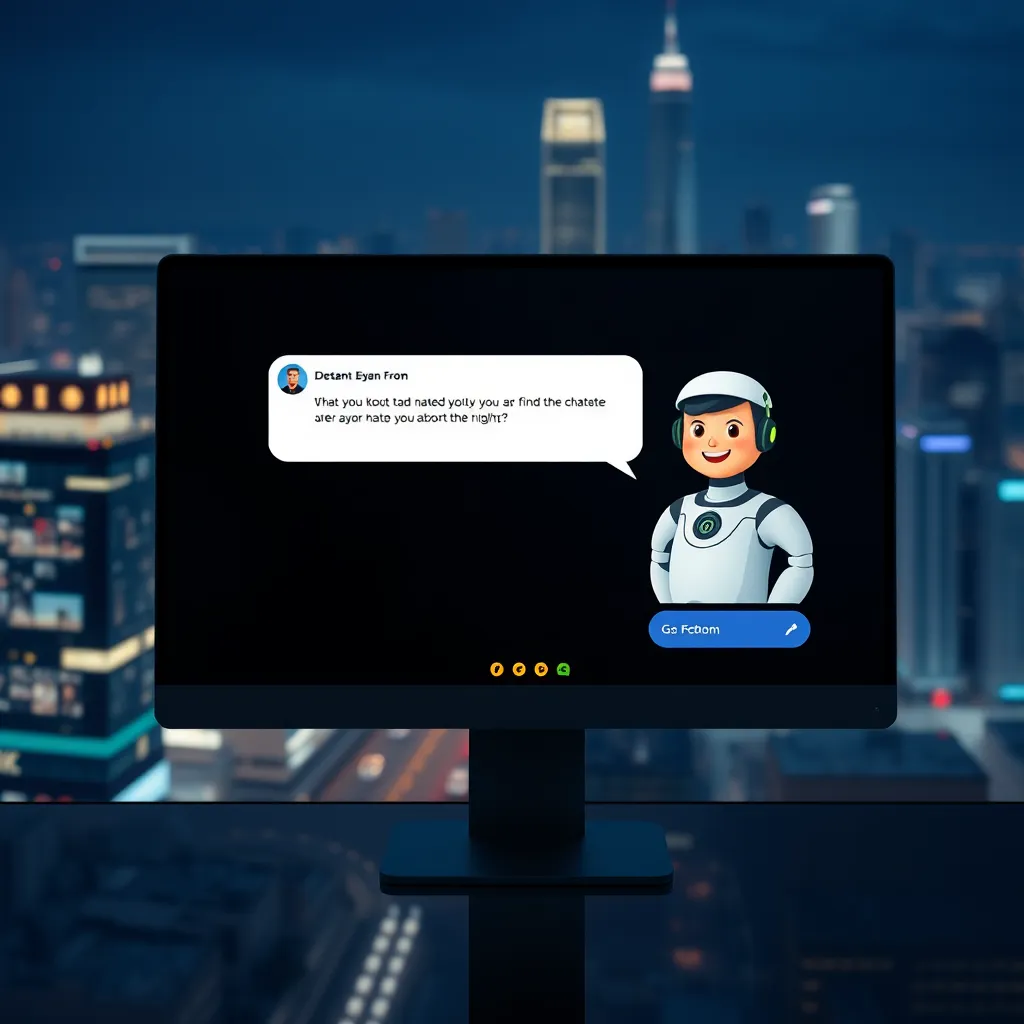 A sleek, modern chatbot interface on a computer screen, with a friendly, animated avatar responding to a customer's query in real-time. The background shows a bustling cityscape at night, symbolizing the always-on nature of the chatbot.