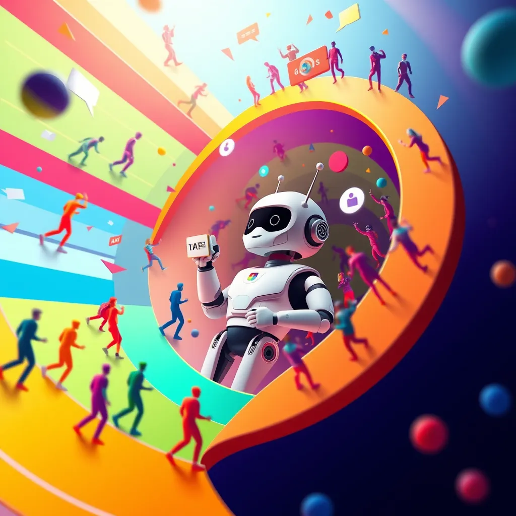 A vibrant, colorful image showcasing a dynamic sales funnel. The funnel is populated with stylized figures representing potential customers, moving seamlessly through the various stages of the sales cycle. An AI chatbot is prominently featured within the funnel, interacting with customers, providing information, and guiding them towards conversion. The image should be composed with a dynamic perspective, incorporating elements of motion and interaction. The color palette should be bright and energetic, reflecting the positive impact of automated marketing. The overall mood should be optimistic and empowering, highlighting the efficiency and effectiveness of this service.