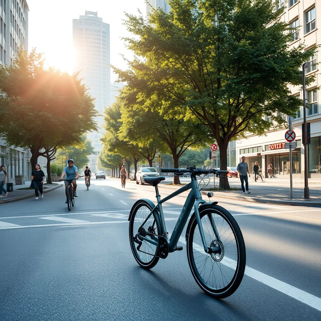 A vibrant cityscape with a sleek electric bicycle riding along a tree-lined street. The sun is shining, and people are walking and cycling nearby. The scene should depict a clean and modern city with a focus on sustainable transportation.