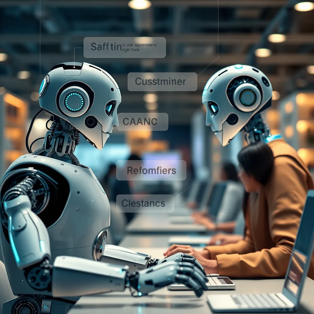 A visual representation of a business workflow with AI chatbots handling routine tasks like answering FAQs and scheduling appointments, while human agents focus on resolving complex customer issues. The image should showcase increased efficiency and reduced workload for human staff.