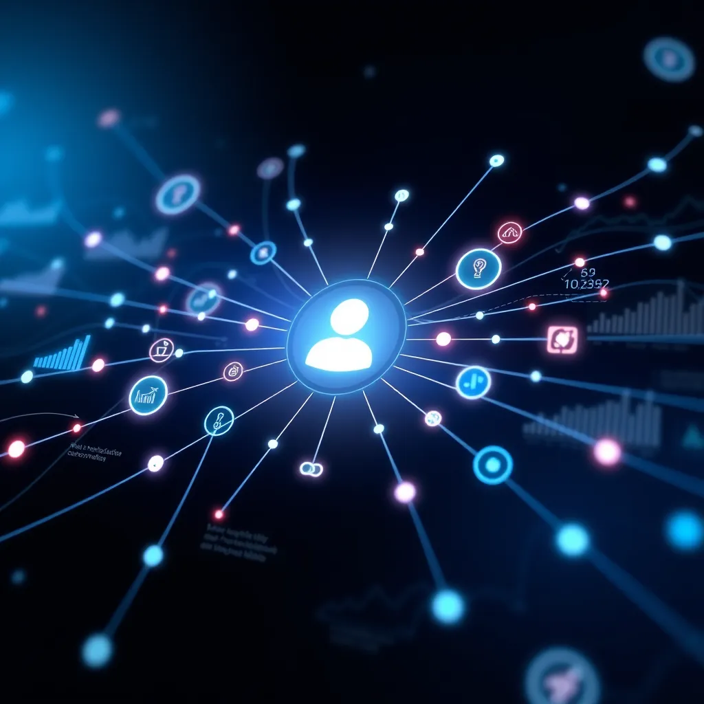 A visually stunning infographic with a modern, minimalist design. The infographic represents a network of data points connected by flowing lines, symbolizing the flow of information and insights generated by customer interactions with the AI chatbot. The data points should be visually appealing and easy to understand, highlighting key metrics and trends. The chatbot is presented as a central hub, processing and analyzing data in real-time. The lighting should be soft and focused, emphasizing the clarity and value of the data insights. The overall aesthetic should be professional and sophisticated, showcasing the power of AI-driven data analysis for business growth.