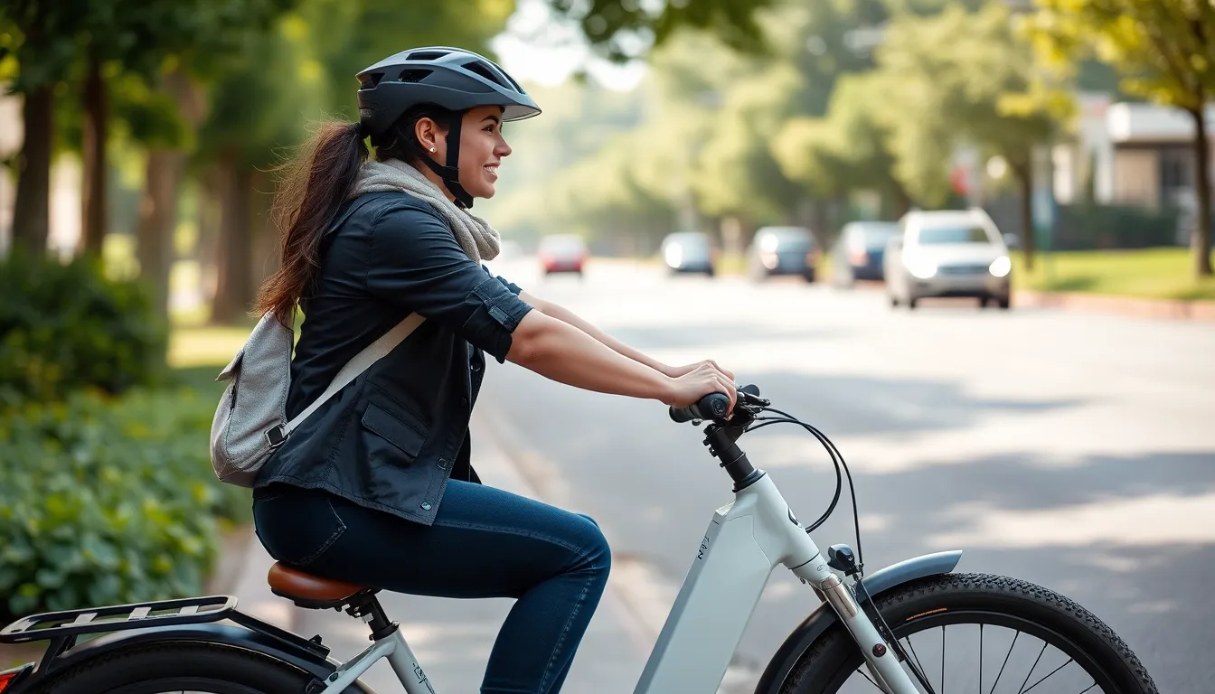 A photorealistic, ultra-high quality (8K resolution) image showcasing the sleek design and functionality of an electric bicycle. The bike should be positioned in a vibrant city setting, with a backdrop of modern architecture and green spaces. The lighting should be natural, with soft sunlight filtering through the trees. The color palette should be bright and energetic, with bold accents of green and blue to represent sustainability and technology.  The camera angle should be slightly elevated, providing a dynamic perspective of the bike.  The texture and material details should be highly realistic, with the bike's metallic frame reflecting the sunlight,  and the tires showcasing a grippy, durable texture.  The rider, a young professional dressed in eco-conscious attire, should be effortlessly gliding through the city streets with a confident smile.  The image should have a sense of movement and energy, conveying the freedom and exhilaration of urban cycling.  Use a style similar to the work of photographers like David LaChapelle or Peter Lindbergh for a vibrant and aspirational look.  , ultra high resolution, photorealistic, 8K, hyperdetailed, cinematic lighting