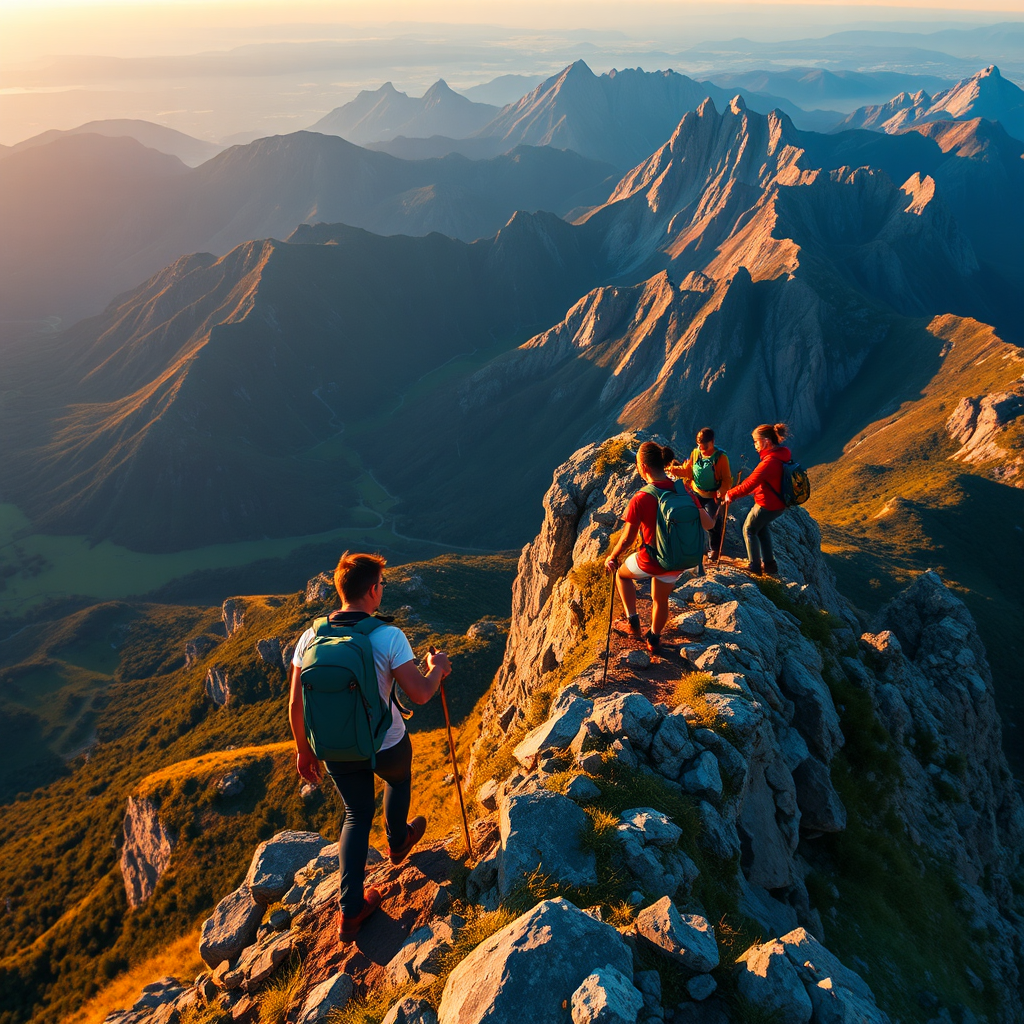 A group of smiling hikers stands on a mountaintop, celebrating their achievement. A guide is pointing towards the horizon, sharing his knowledge of the landscape. The sun is shining brightly, and the atmosphere is one of camaraderie and accomplishment. Focus on the positive emotions and the sense of teamwork. The image should convey a feeling of trust and confidence in the guides. Dress the guides in professional attire. Clear, sunny weather.