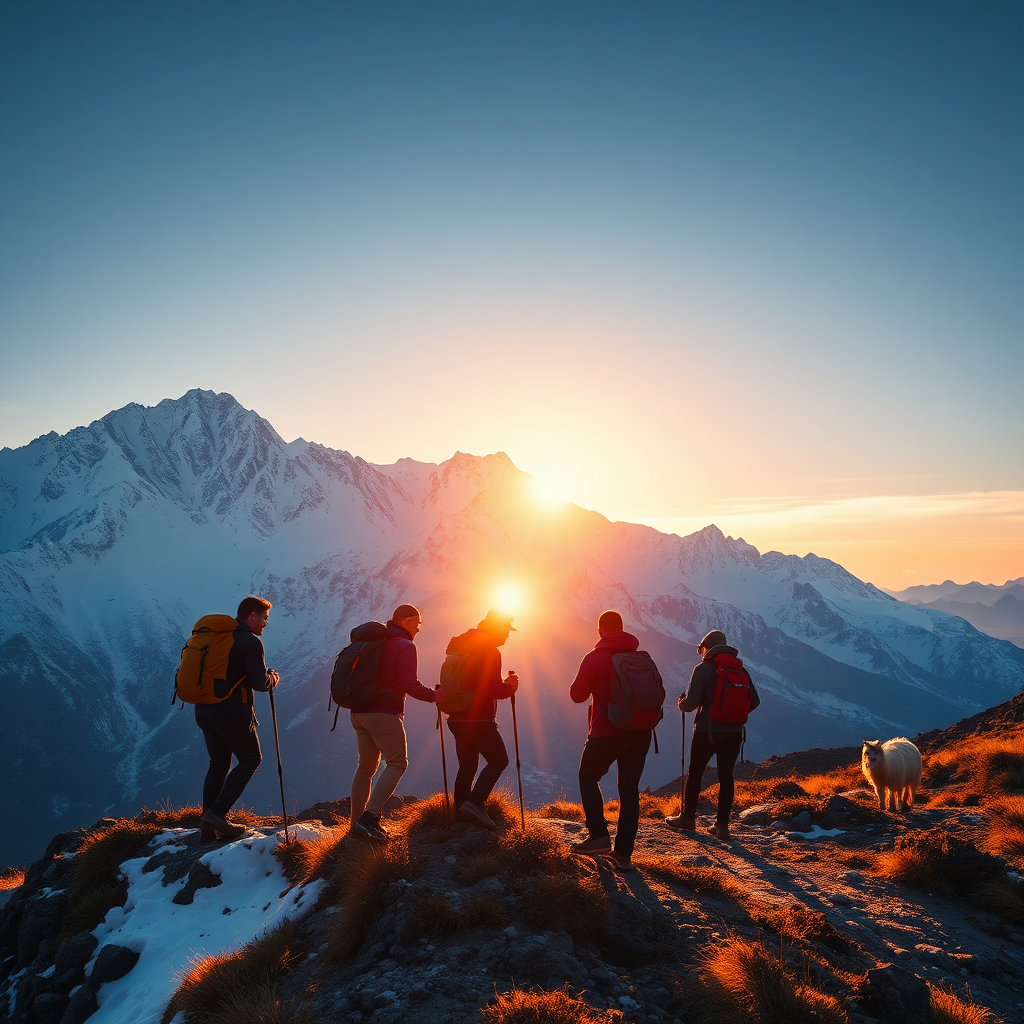Photorealistic image capturing a lone trekker reaching the summit of a snow-capped Andean peak. The trekker is silhouetted against a bright, slightly overcast sky. The focus is on the vastness of the surrounding mountain range. Details such as snow texture, rocky terrain, and the trekker's gear should be meticulously rendered. Camera angle should be low, emphasizing the height and the trekker's accomplishment. The lighting should be soft and diffused. The color palette should be cool with blues and whites dominating. The feeling should be one of solitude, triumph, and the raw beauty of the Andes. Technical specs: 8K resolution, hyperrealistic.