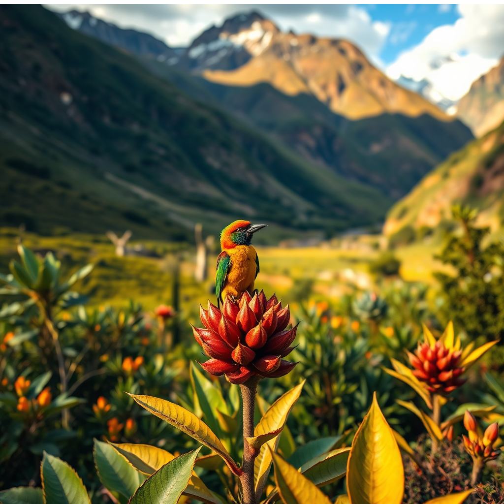Photorealistic image showcasing a vibrant Andean valley with diverse flora and fauna. In the foreground, focus on a colorful Andean bird perched on a unique plant, set against a backdrop of lush vegetation and towering mountains. The lighting should be warm and natural, highlighting the vibrant colors of the ecosystem. The camera angle should be slightly elevated, providing a panoramic view of the valley. Include details like the texture of the leaves, the bird's feathers, and the distant snow-capped peaks. The style should emulate a high-quality nature documentary still. Technical specs: 8K resolution, hyperrealistic.
