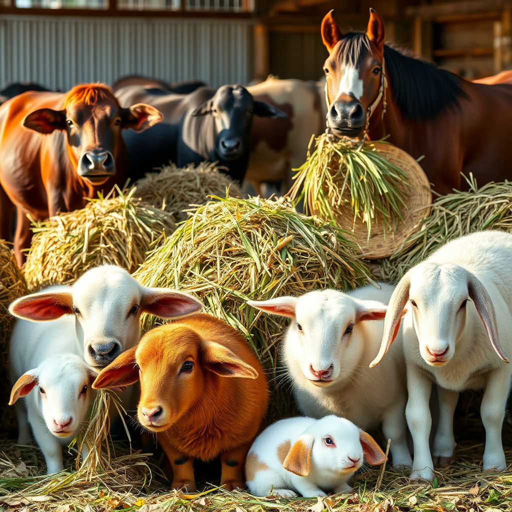 A 4K photorealistic image featuring a diverse range of animals (cattle, horses, goats, sheep, rabbits) happily consuming hay from NAYANAF. Each animal is in its natural environment. Composition: Showcase the versatility of NAYANAF's hay. Lighting: Natural, warm light.