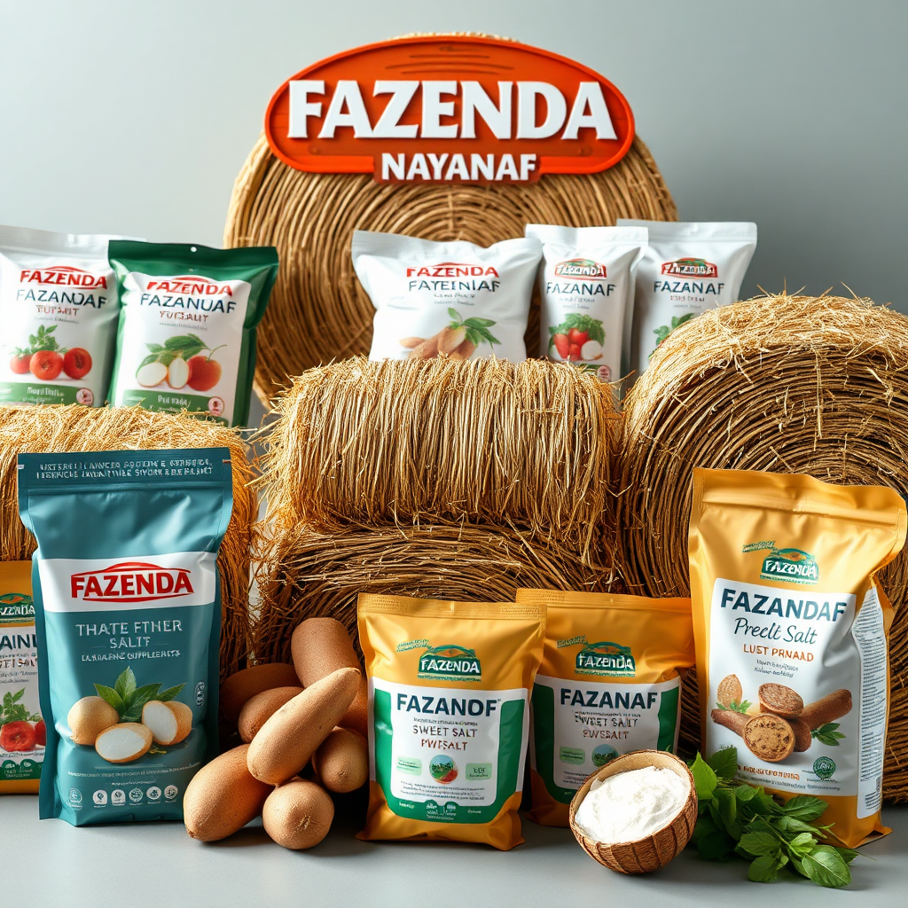 A 4K photorealistic image showcasing a diverse range of agricultural products from FAZENDA NAYANAF. The products are arranged attractively and professionally, including hay bales, sweet potatoes and mineral salt supplements. The image conveys a sense of abundance and choice