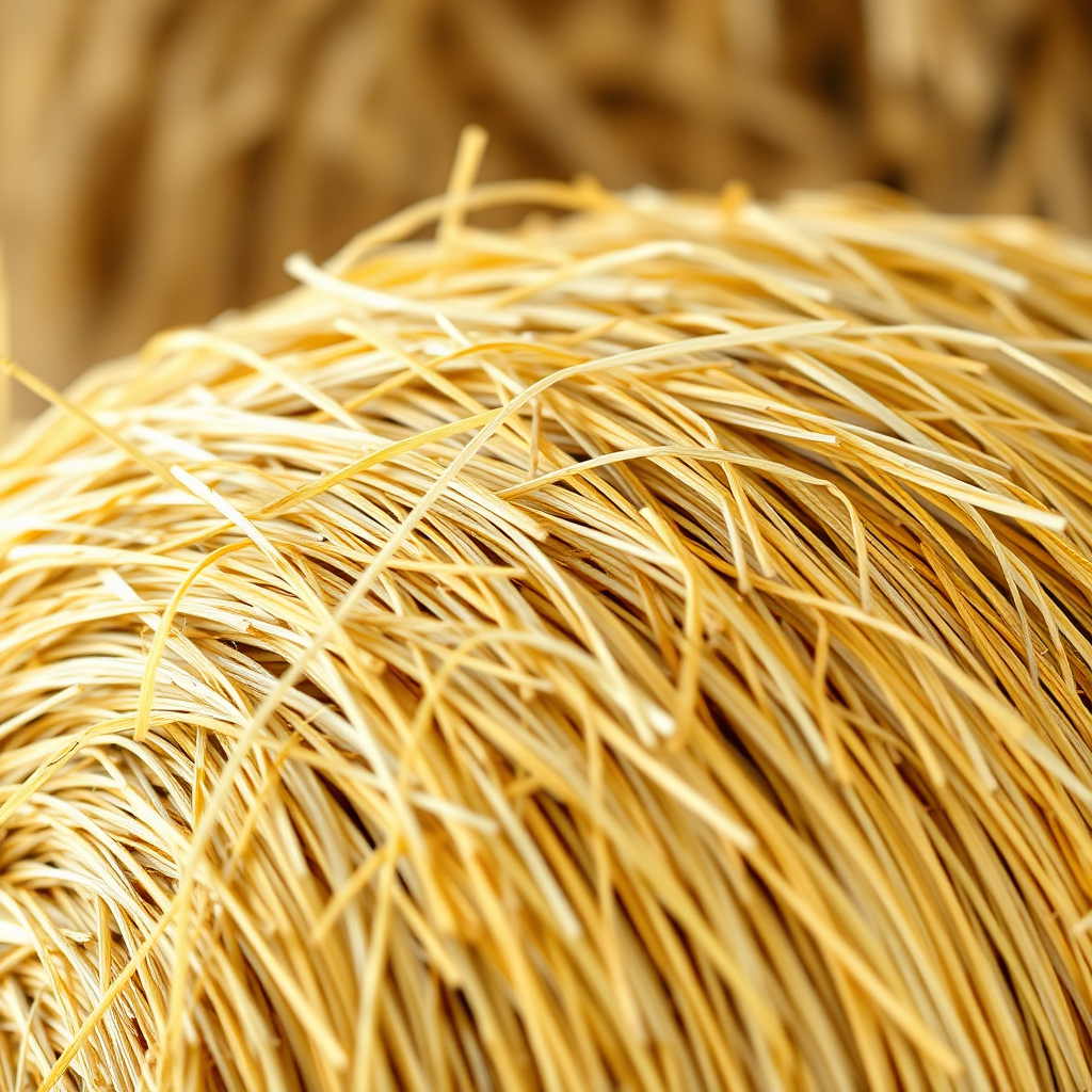 A close-up, photorealistic image of perfectly baled, premium hay. The hay is golden in color and appears fresh and fragrant. Focus on the texture of the hay, highlighting its softness and nutritional value. The background is blurred, creating a shallow depth of field. Soft, natural light illuminates the hay, emphasizing its quality. Style reference: High-end agricultural product photography. 4k.