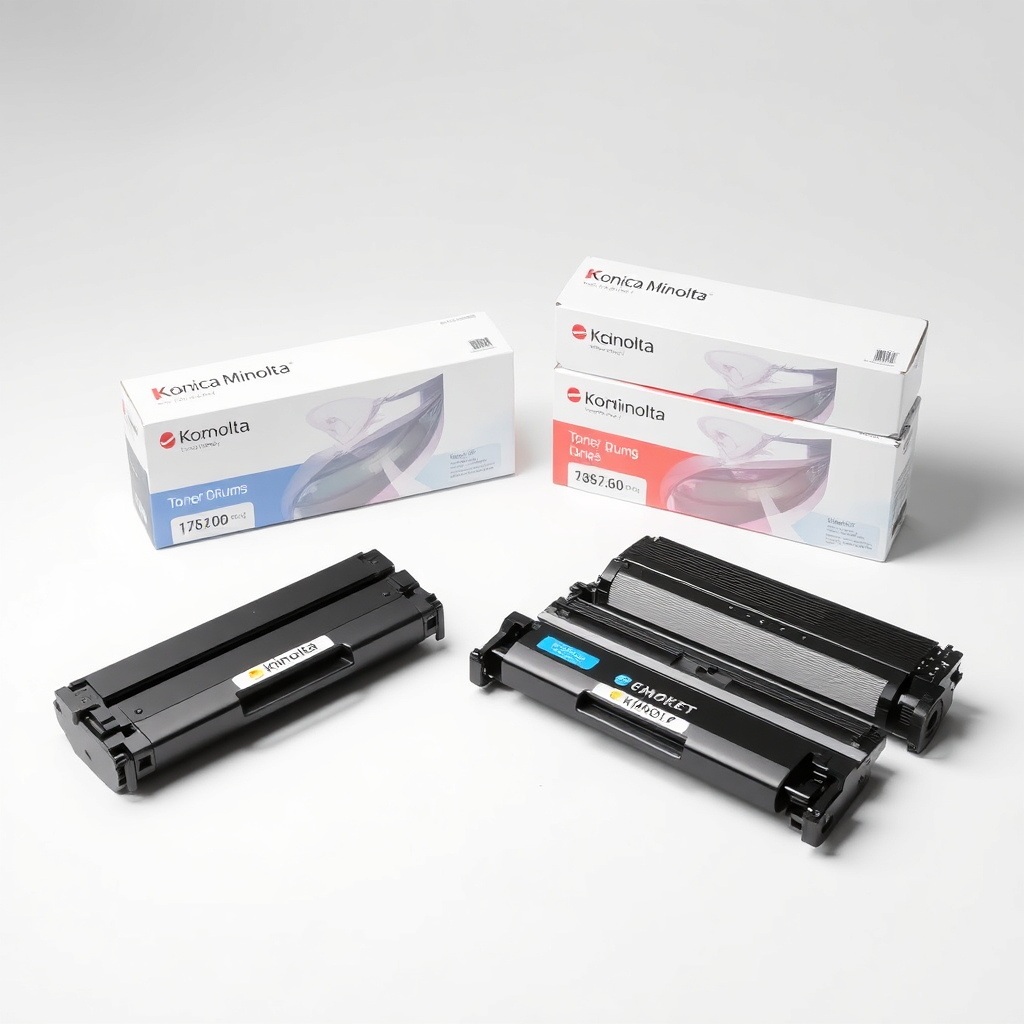 A collection of Konica Minolta toner cartridges, drums, and developers neatly arranged on a white background. Bright, even lighting to showcase the product details. Focus on the branded labels.