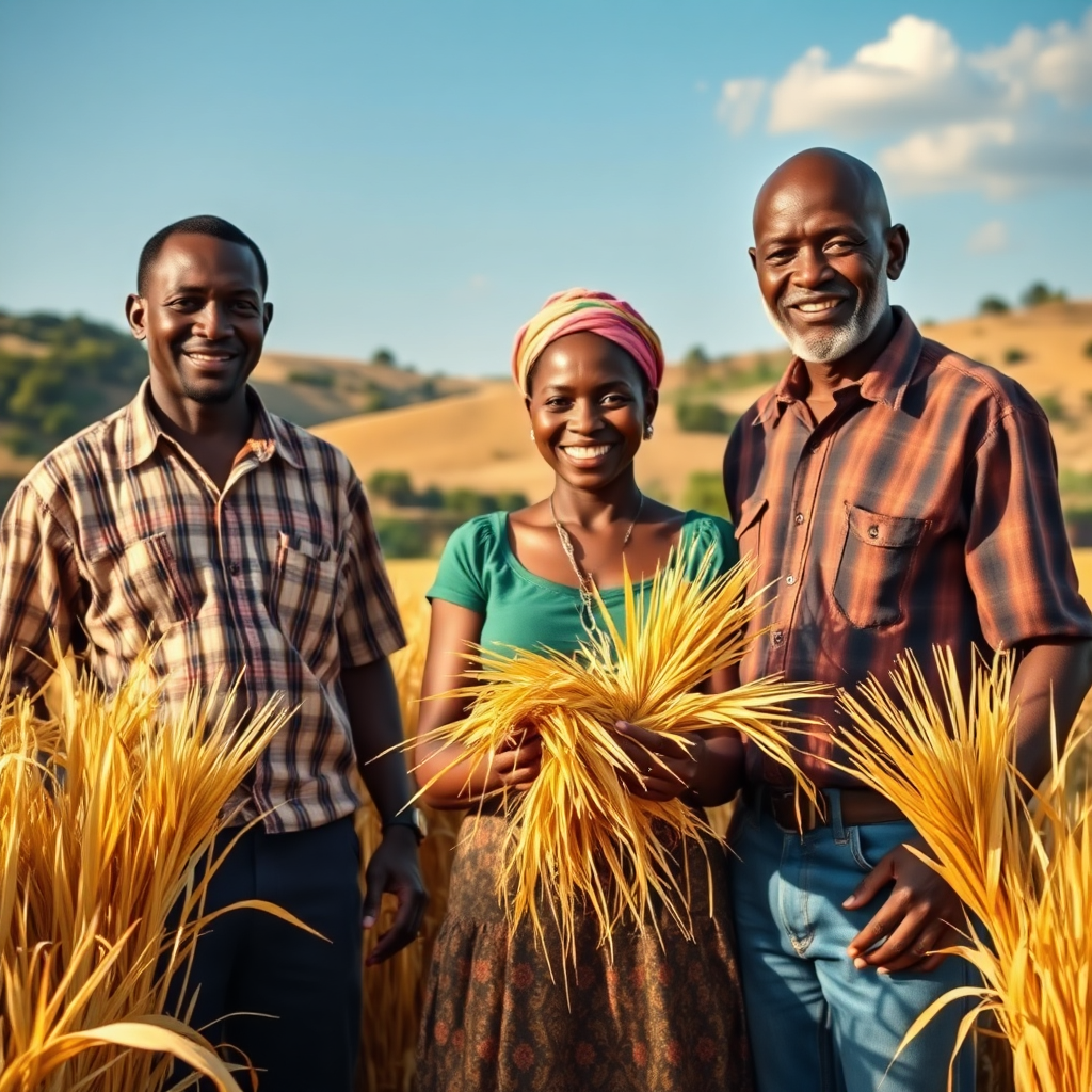 A photorealistic 4K image showcasing the heart of FAZENDA NAYANAF. The scene focuses on three African farmers, two men and one woman, standing proudly in a flourishing field of golden hay. They are all smiling and appear to be in their late 30s or early 40s. The woman is holding a handful of hay, examining its quality. The background features rolling hills, lush vegetation, and a clear blue sky, characteristic of the Angolan landscape. The lighting is soft and natural, highlighting the textures of the hay and the farmers' faces. The composition is balanced, conveying a sense of harmony and connection to the land. The style should be warm and inviting, reflecting the farm's dedication to quality and community. Include a few modern farming tools in the background subtly, avoid overly-stylized elements.