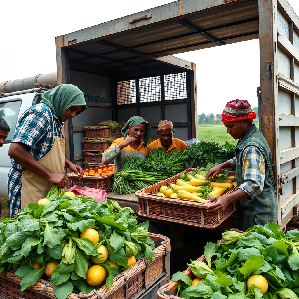 A photorealistic image of farm workers carefully loading fresh produce onto a truck at FAZENDA NAYANAF. Focus on the freshness and quality of the products. The scene conveys a sense of diligence and care. 4k resolution.