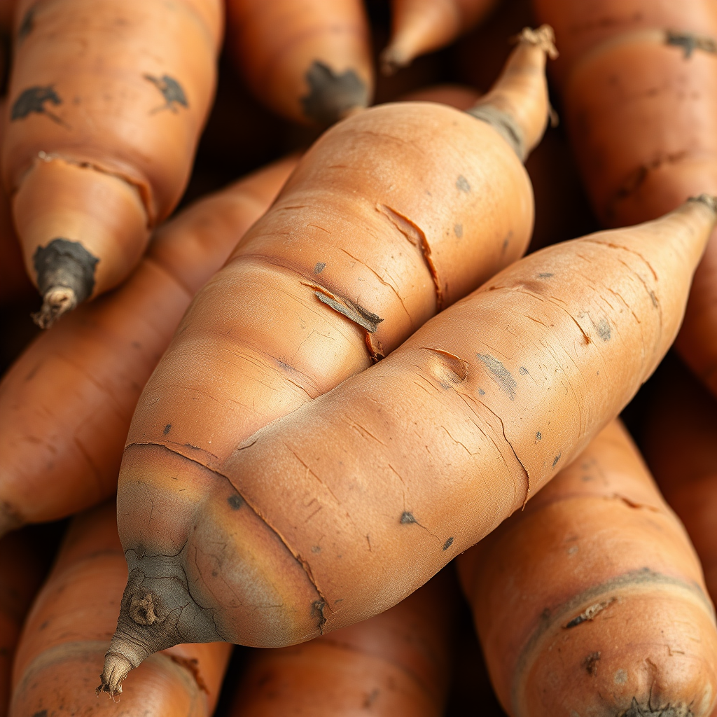 A photorealistic image of vibrant orange sweet potatoes, freshly harvested and ready for market. Focus on the texture and color of the sweet potatoes. The background is blurred. Style reference: Food photography. 4k resolution.