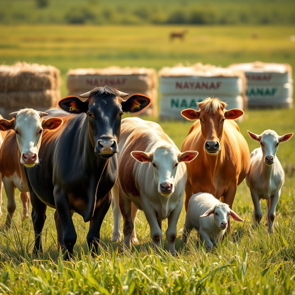 A photorealistic image showcasing healthy livestock (cattle, horses, goats) grazing contentedly in a lush pasture, with hay bales from NAYANAF in the background. The animals should appear well-fed and vibrant. The scene is bathed in warm sunlight. Composition: Focus on the health and happiness of the animals, showcasing the benefits of NAYANAF's hay. 4k resolution.
