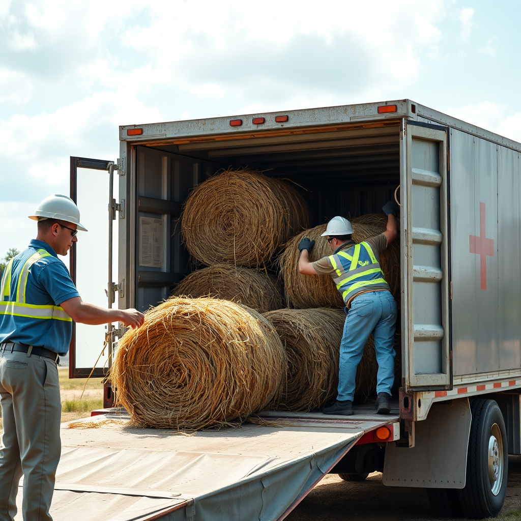 A photorealistic image showing hay bales being carefully loaded onto a truck for delivery, with a focus on cleanliness and organization. Workers are wearing clean uniforms and following safety protocols. The scene conveys a sense of professionalism and attention to detail. 4k resolution.