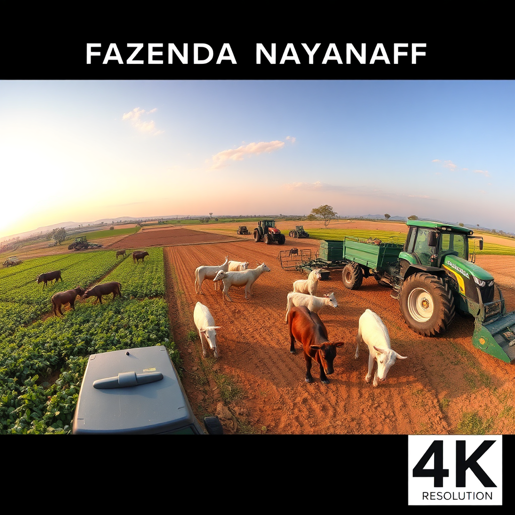 A wide-angle, photorealistic image of FAZENDA NAYANAF, showcasing the farm's contribution to the Angolan landscape. The scene includes fields of crops, healthy livestock, and modern farming equipment. The image conveys a sense of pride and accomplishment. 4k resolution.